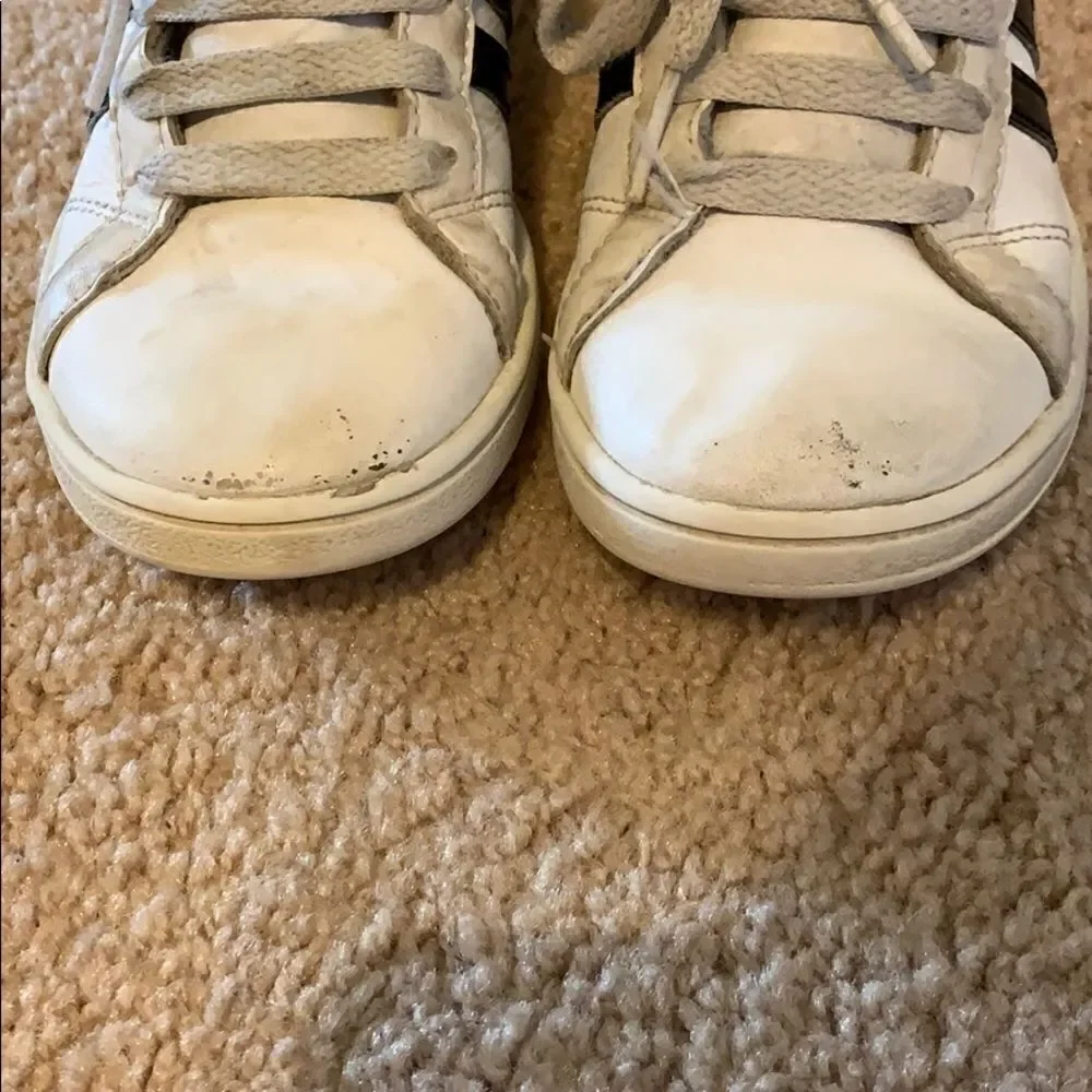 TWO pairs of ADIDAS white sneakers, sizes 13 and 1.